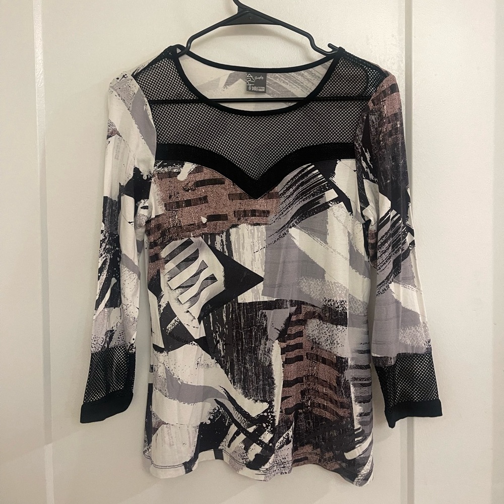 Vintage Y2K Dolcezza Abstract Print Long-Sleeve Mesh‎ Yoke Top Black, Gray Brown